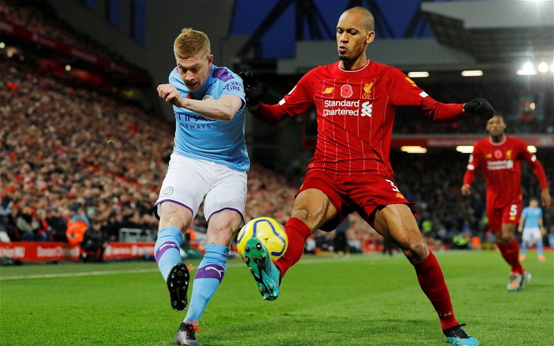 Image for Kevin De Bruyne attempts to put pressure on defending champions Liverpool