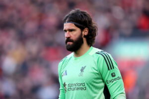Alisson Becker of Liverpool looks on during the Premier League match between Liverpool and West Ham United at Anfield on February 28, 2026 in Liverpool, England.