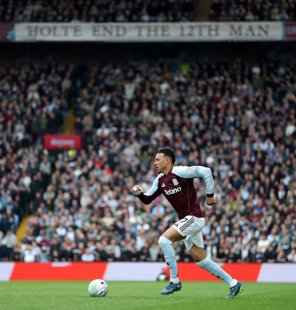 Morgan Rogers of Aston Villa in action during the Premier League match between Aston Villa and Sunderland at Villa Park on April 19, 2026 in Birmingham, England. 